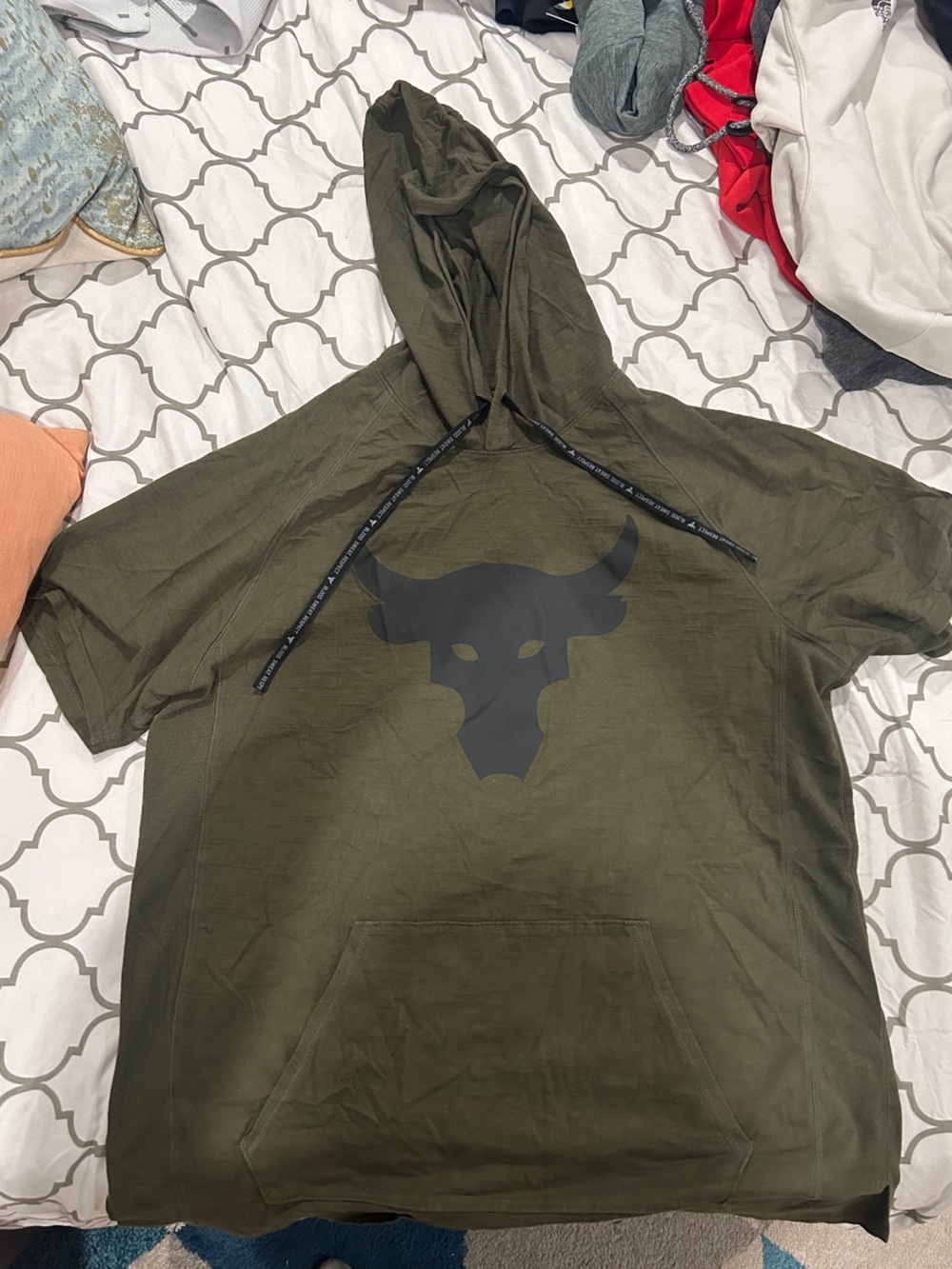Under Armour Project Rock Men's Large Charged Cotton Green S/S Hoodie T-Shirt - Picture 3 of 10